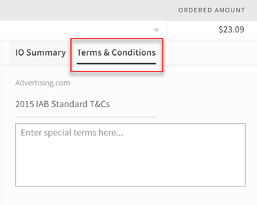 Section of the IO modal where you can enter Terms & Conditions